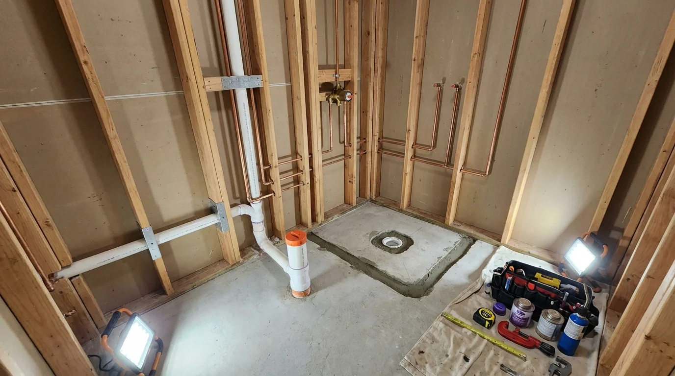 Bathroom rough-in plumbing during remodel by Johns Plumbing LLC in Hurst