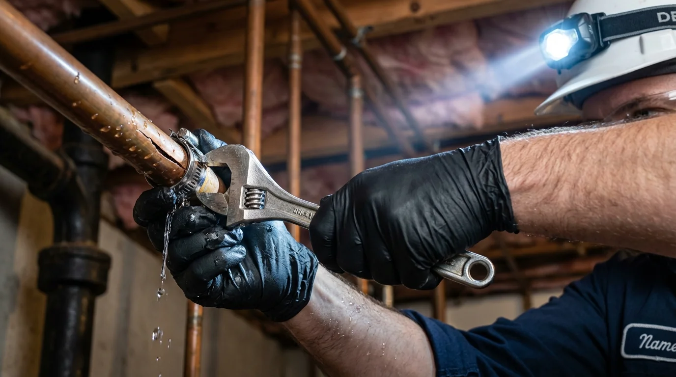 Emergency pipe clamp repair being performed by a Johns Plumbing LLC plumber in Hurst