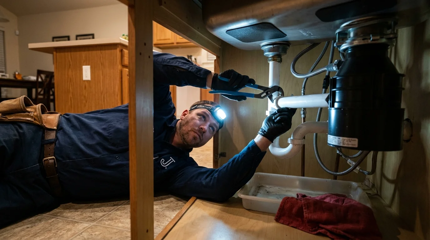 P-trap and supply line connections under a kitchen sink showing a common leak point in Hurst, TX